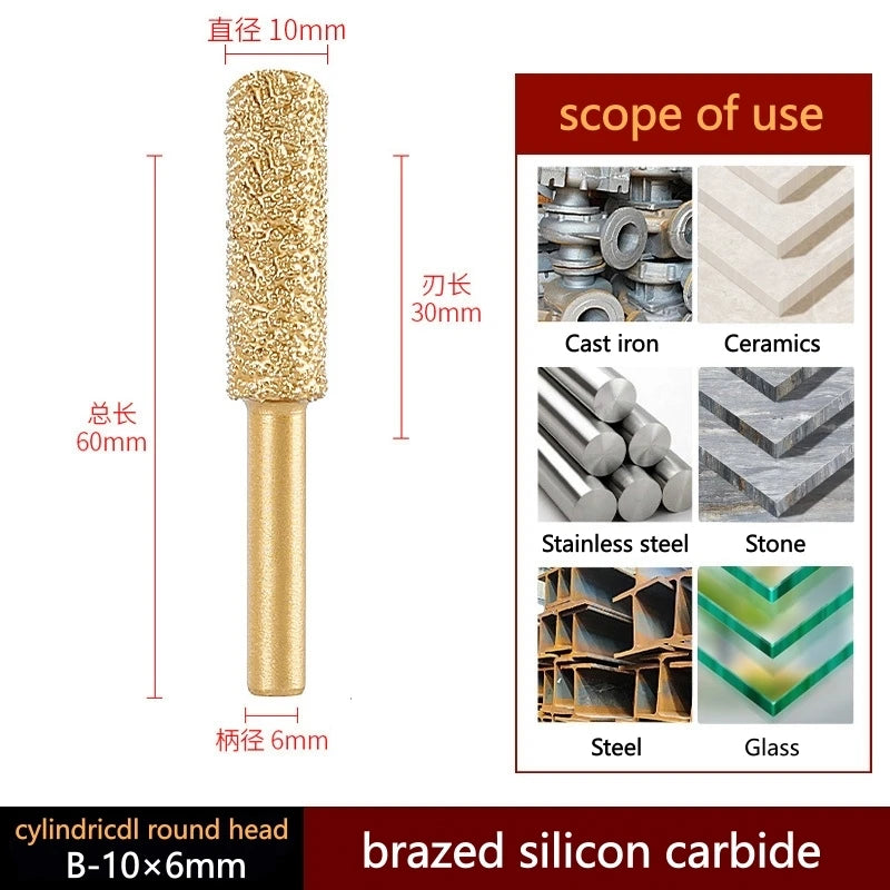 Brazed silicon carbide cylindrical round head, 10mm diameter, 6mm shank