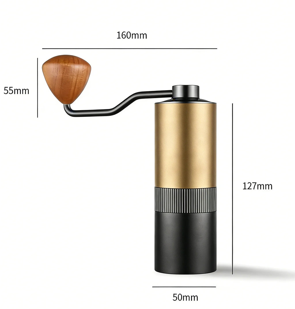 Gold and black manual coffee grinder with wooden handle knob, 127mm tall, showing dimensions for home brewing.