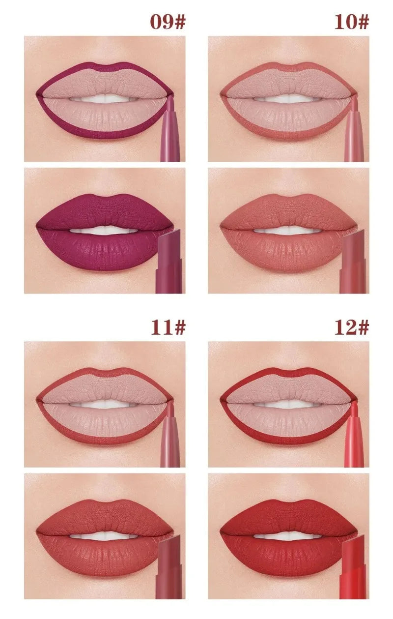 Dual-ended waterproof matte lip liner and lipstick set in nude, rose, and red shades for a long-lasting velvet finish.