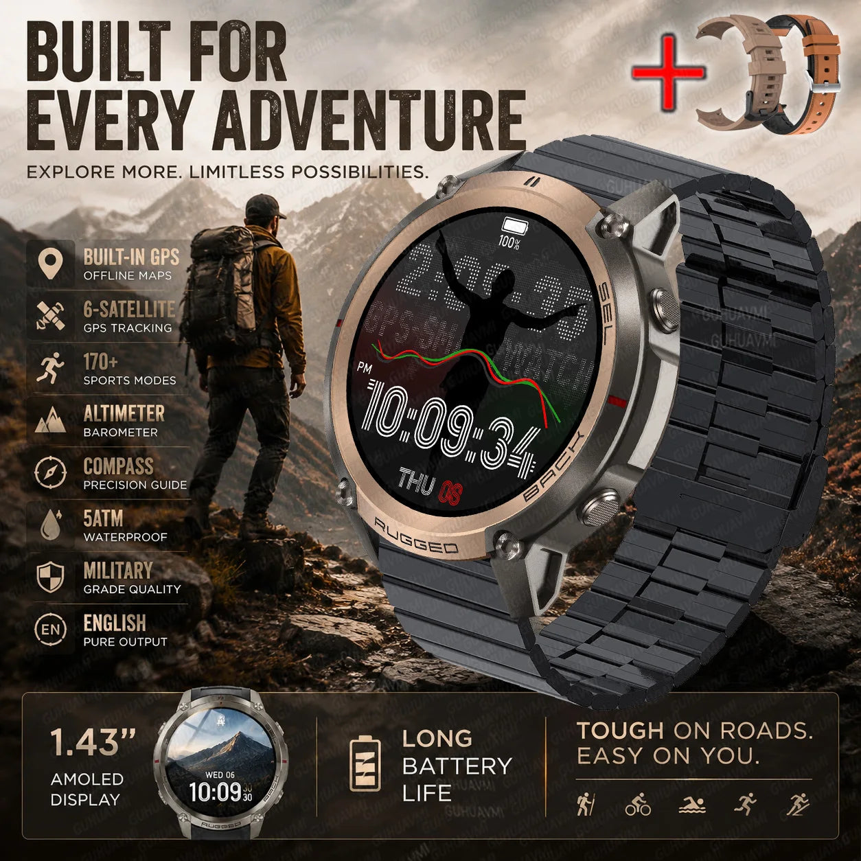 Rugged smart watch with analog-style bezel and black textured strap