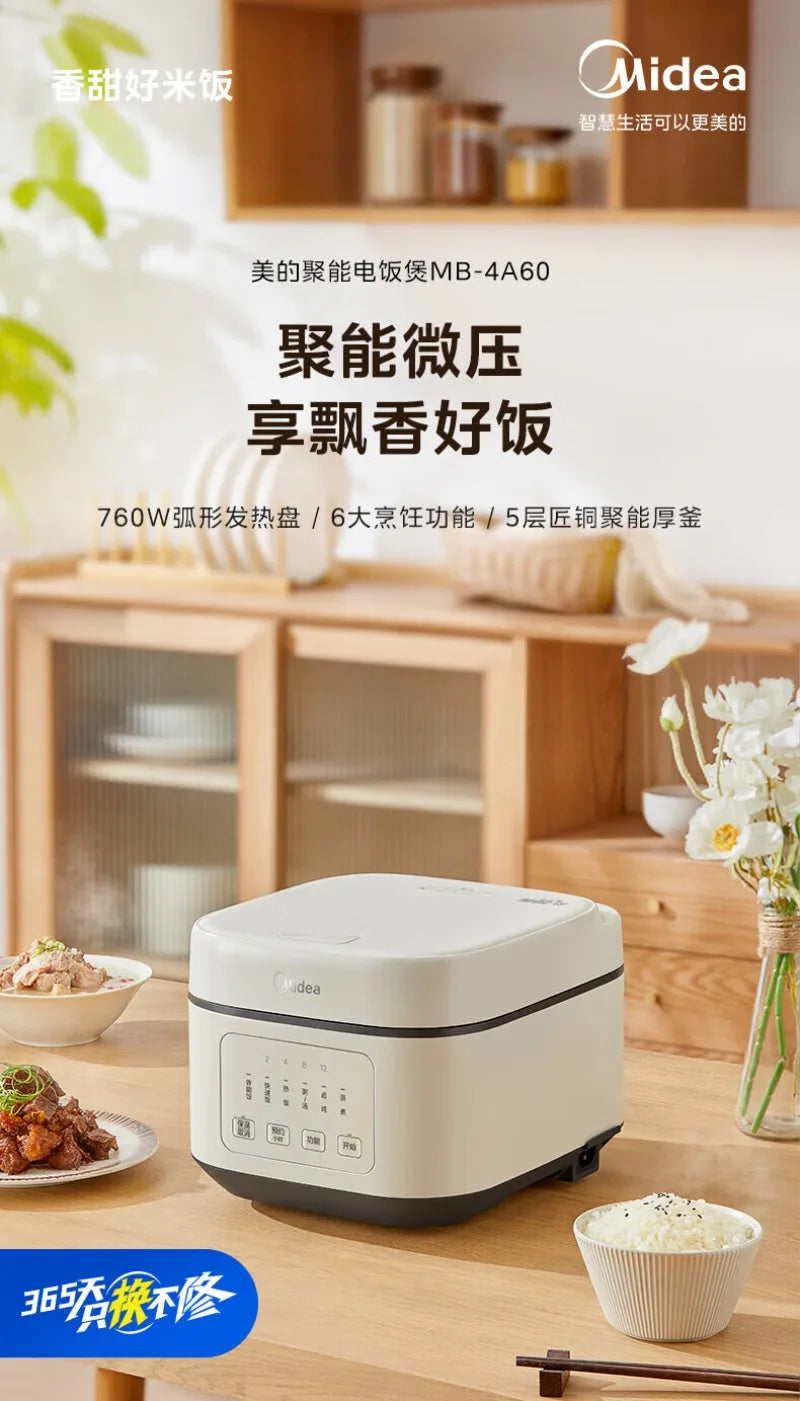 White Midea rice cooker on kitchen table with bowls of rice