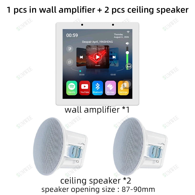 TUYA Smart Home Audio In Wall Amplifier WiFi Bluetooth Music Sound Control Panel Touch Screen Android 11 System Ceiling Speaker