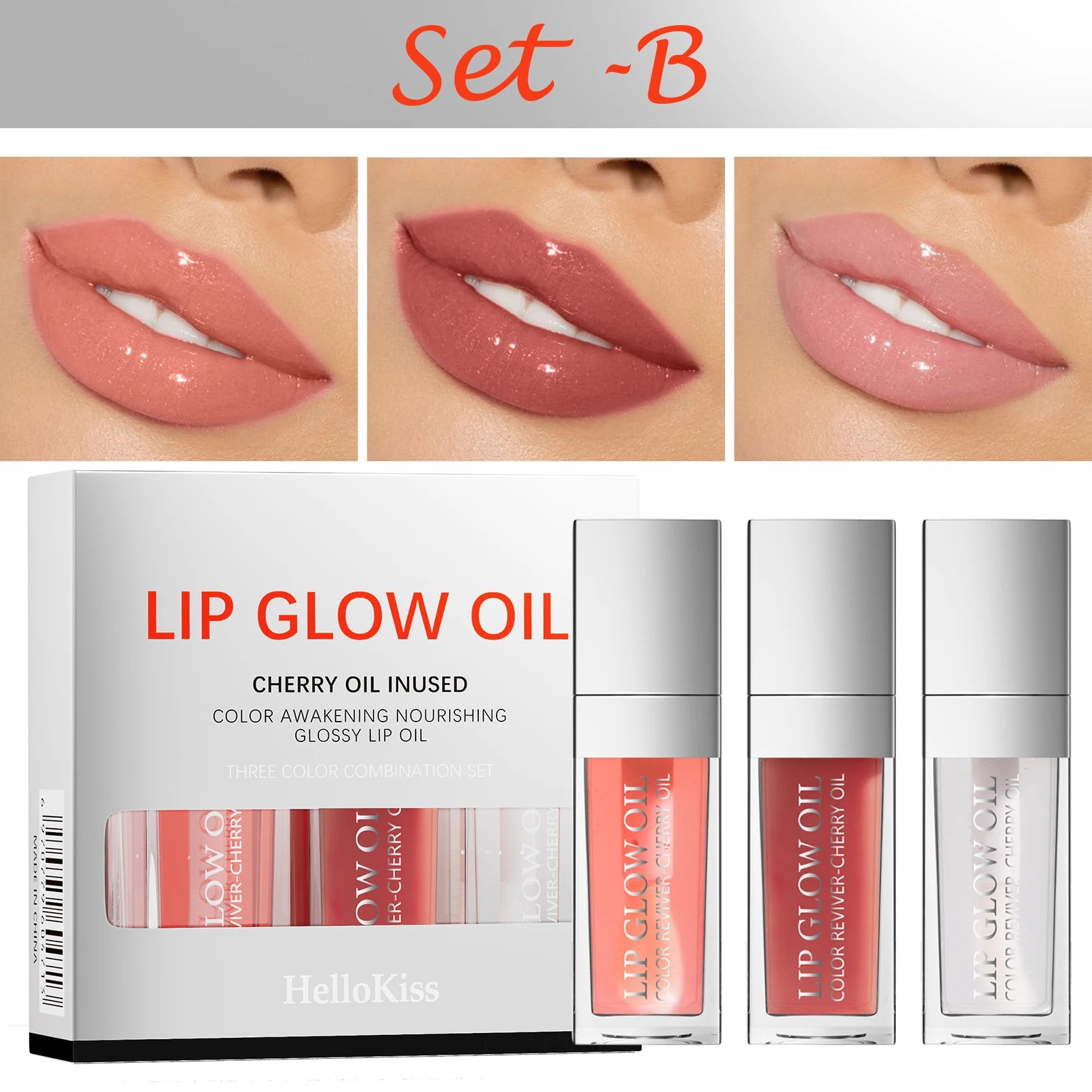 Three-piece moisturizing lip glow oil set in neutral and berry shades for a glossy, plump, and hydrated lip look.