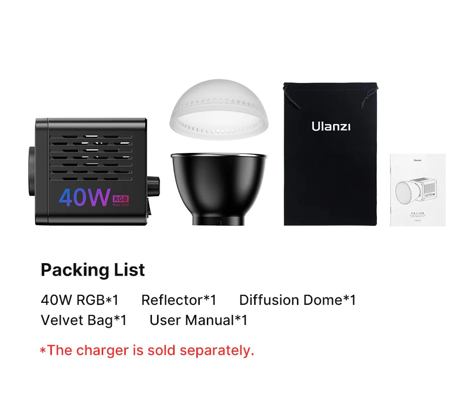 40W RGB LED video light kit with a black reflector, translucent diffusion dome, black storage bag, and user manual.