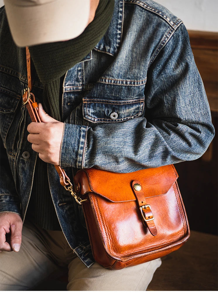 Fashion vintage outdoor daily genuine leather men's small phone shoulder bag designer handmade luxury cow leather crossbody bag