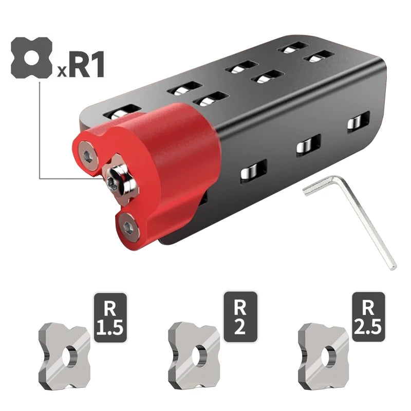 Edge trimming planer tool with red cutter and black body, R1.5 R2 R2.5 blades shown