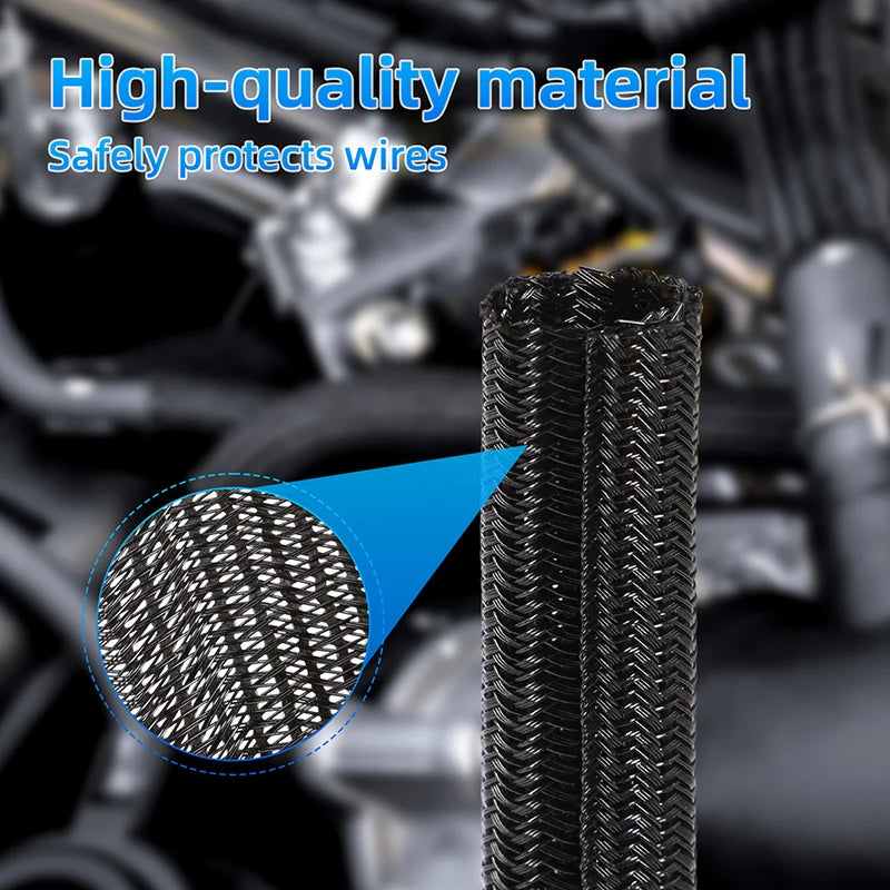 Black heat-resistant PET cable sleeve to protect pet-chewed wires with durable, self-closing split braided design.