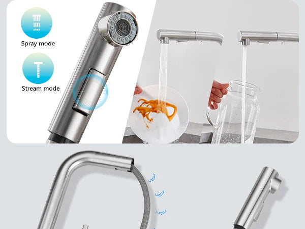 304 stainless steel kitchen tap, pull-out sprayer, brushed finish, 360° swivel, perfect sink mixer tap for kitchen toilet