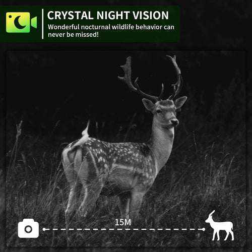 Night vision wildlife camera preview with deer silhouette and 15m distance marker