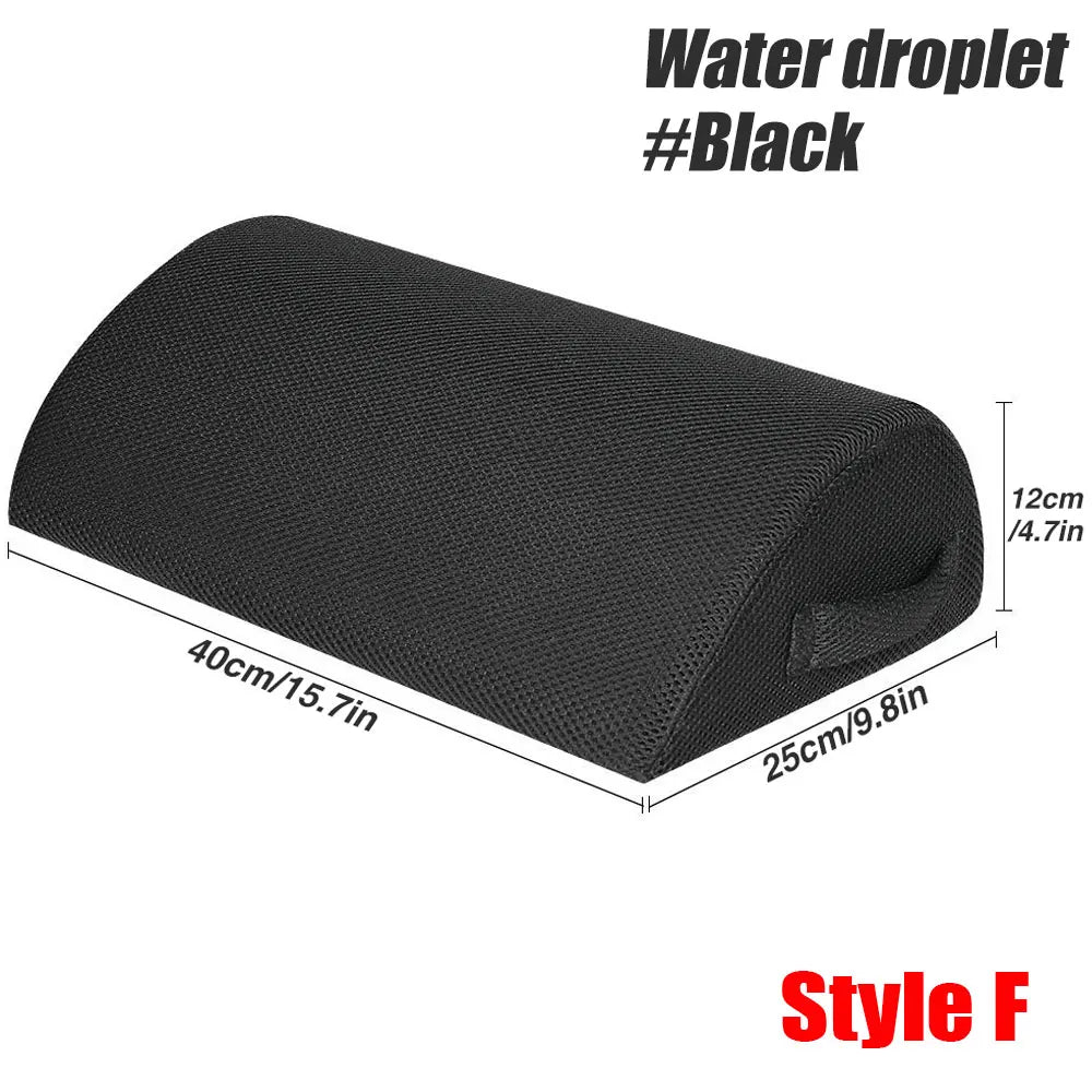 Black ergonomic under desk foot rest cushion with dimensions 40x25x12cm for lumbar, back, and knee pain relief.
