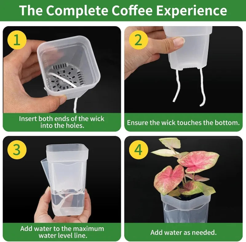 Self-watering planter set showing wick insert and water level filling steps