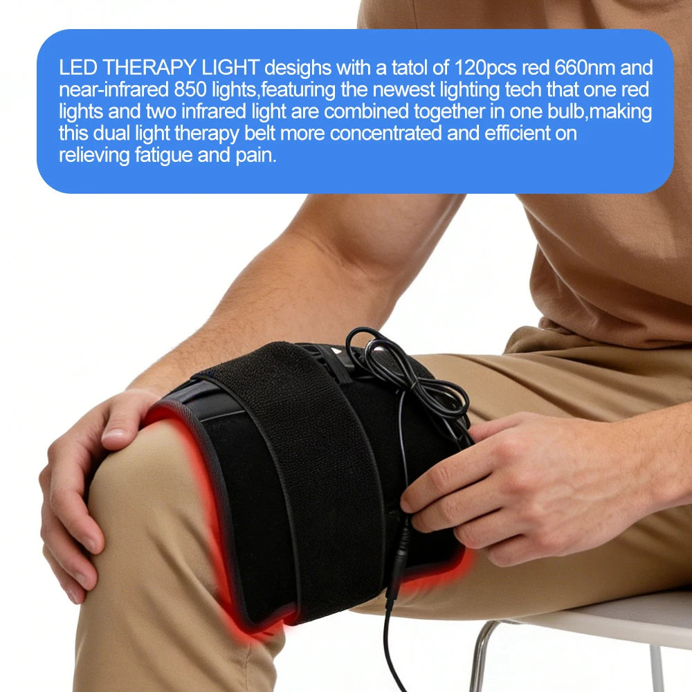 Red light therapy belt with 120 LEDs for back pain relief, waist shaping, and muscle recovery.