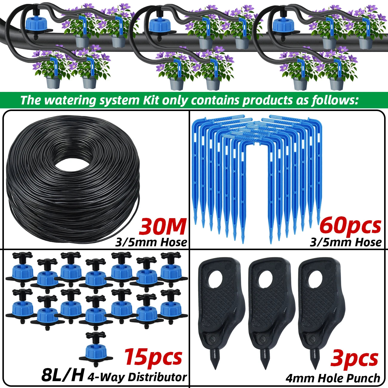 4-way drip irrigation kit with blue 3/5mm hose coil, black drippers and hole punch
