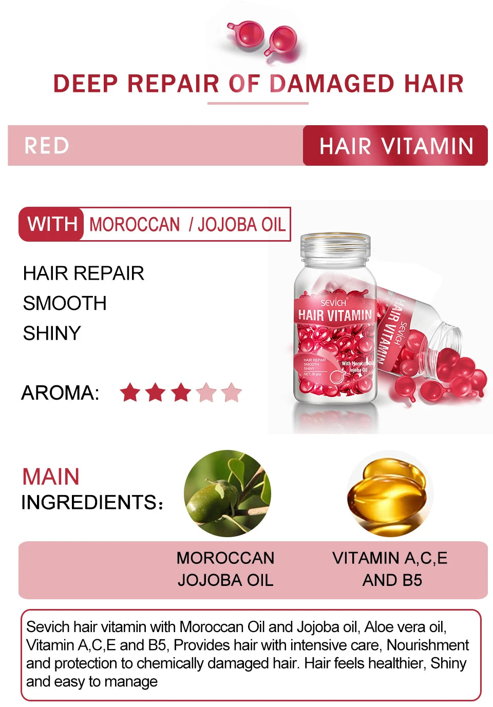 Sevich Hair Vitamin Capsules with Moroccan & Jojoba Oil for Repairing Damaged Hair, Making it Smooth and Shiny.