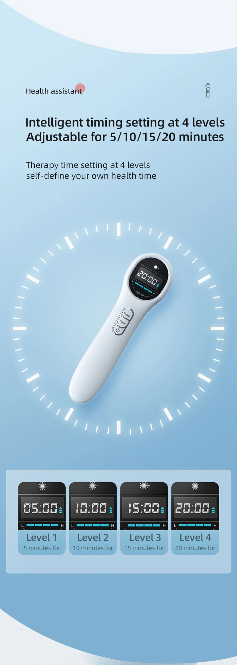 White handheld LLLT cold laser therapy device for pain relief, featuring 4 adjustable timer levels and digital screen.