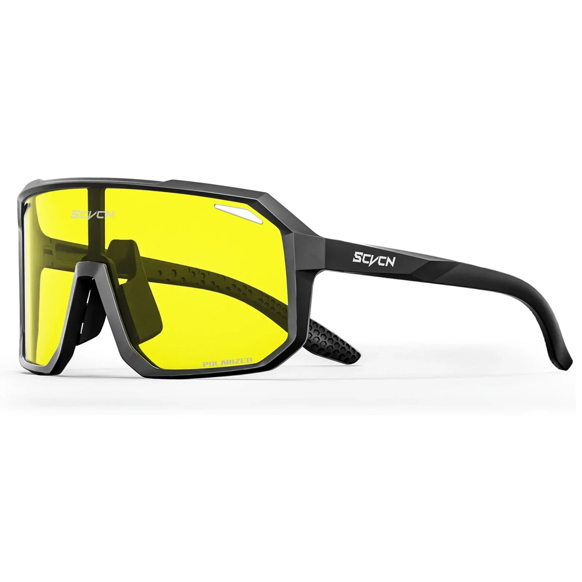Yellow polarized wrap sunglasses with dark frame, side shields, and rubber grip tips
