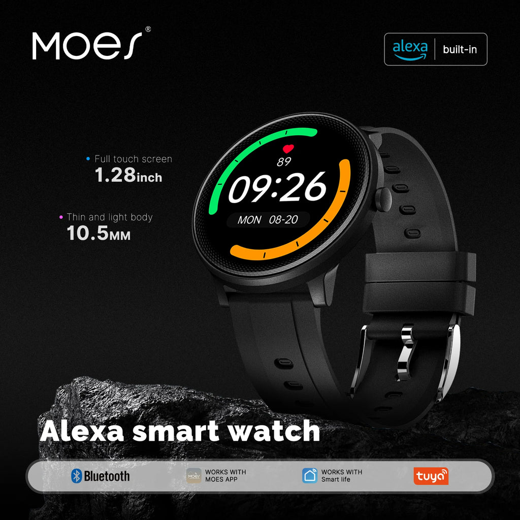 MOES Smart Watch Alexa Built-in Fitness Tracker Heart Rate and Two Dial Styles Blood Oxygen Monitor, IP68 Waterproof Touchscreen