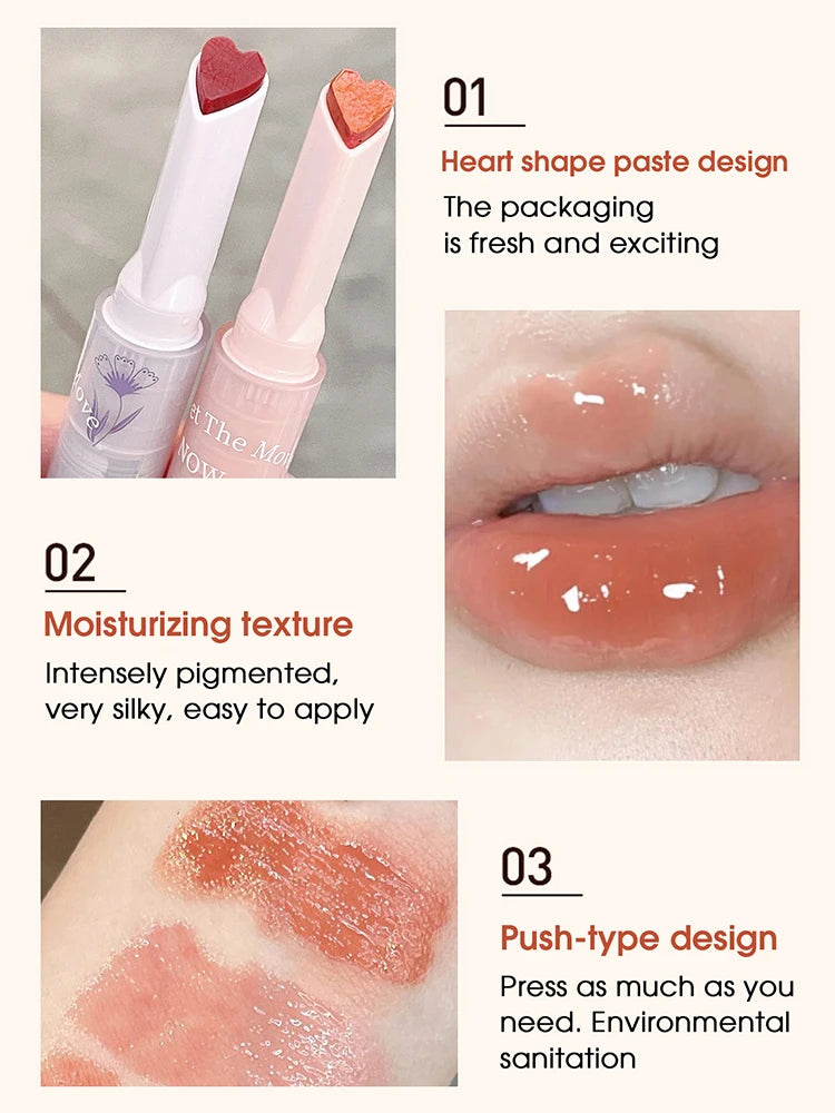 Gege Bear heart-shaped mirror shine lipstick with a moisturizing, glossy jelly finish and smooth, pigmented texture.