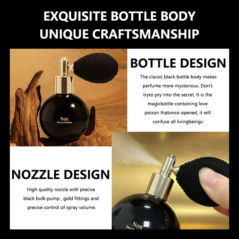 Round black glass perfume bottle with a gold nozzle and black bulb pump for spraying fragrance.