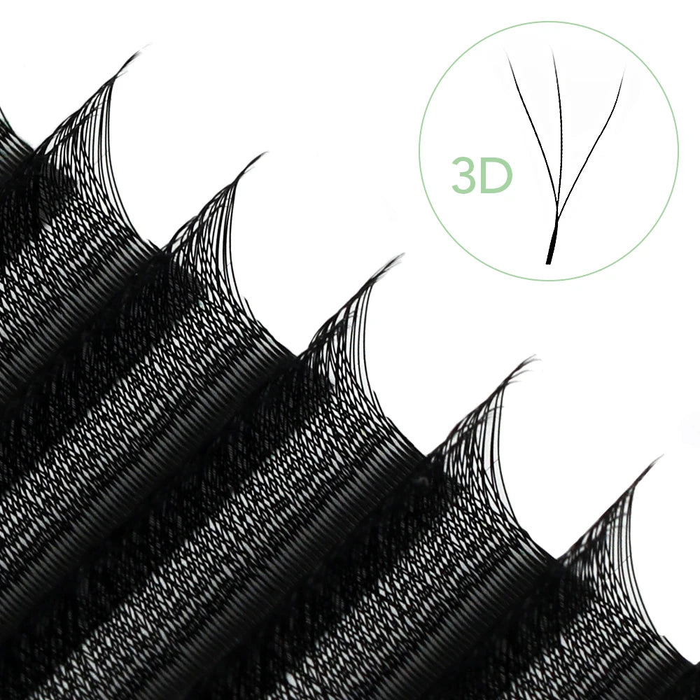 Black W-shaped volume eyelash extension strip with a magnified 3D fan graphic overlay against a white background.
