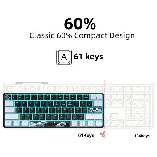 Compact 60% mechanical gaming keyboard with 61 keys, blue switches, sea blue backlighting, and custom wave-art keycaps.
