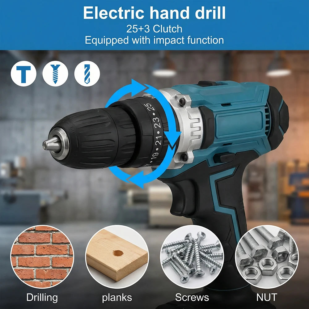 Podofo 21V Lithium Cordless Electric Screwdriver Set Brush Motor 25 Plus 3 Speed Impact Drill Tool With LED Light Two Rechargeable Batteries
