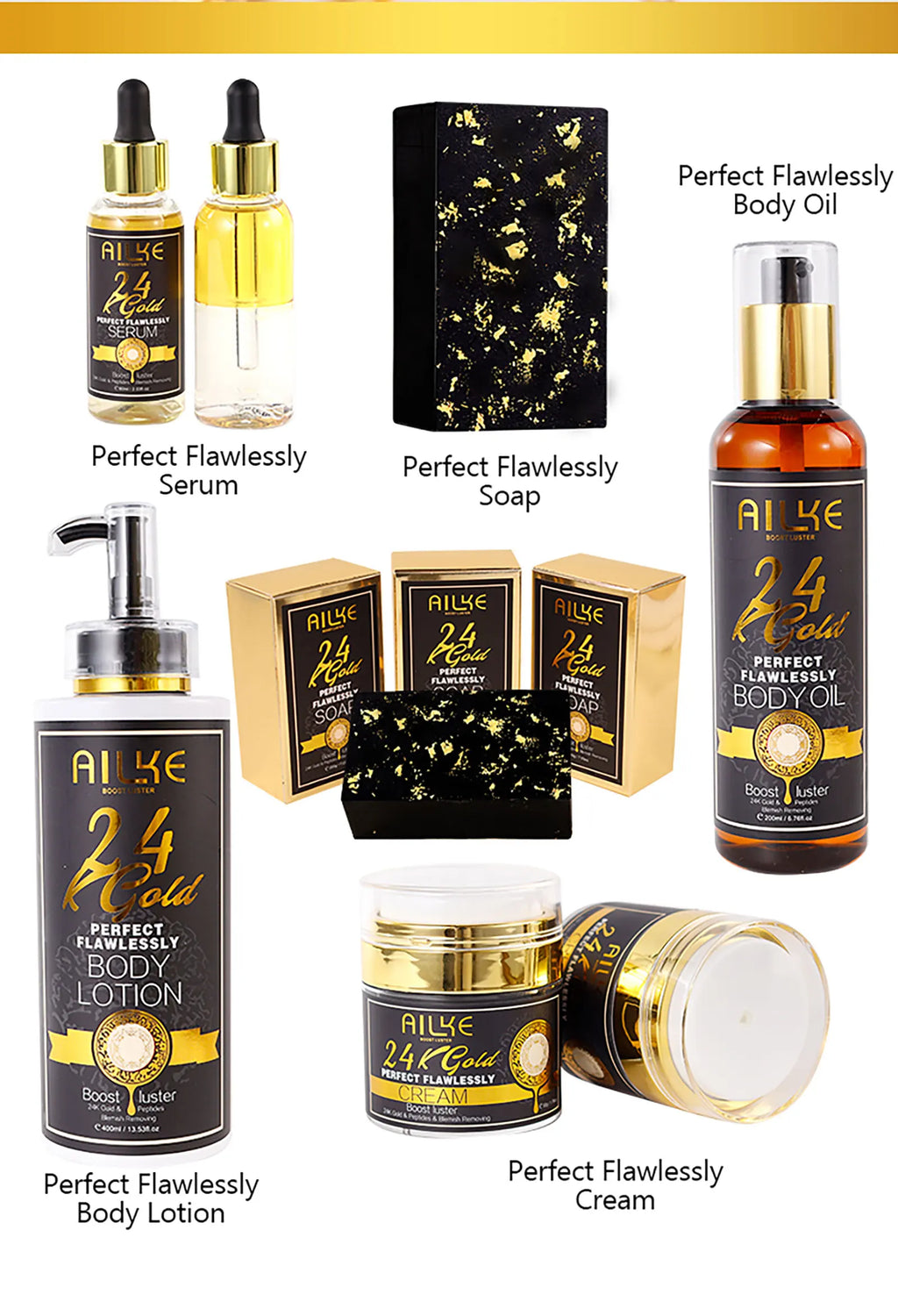 AILKE 24k Gold Flawlessly Whitening Skin Care Set For All Skin Type, Moisturizer, Reduce Black Spots, Smoothing, Brightening