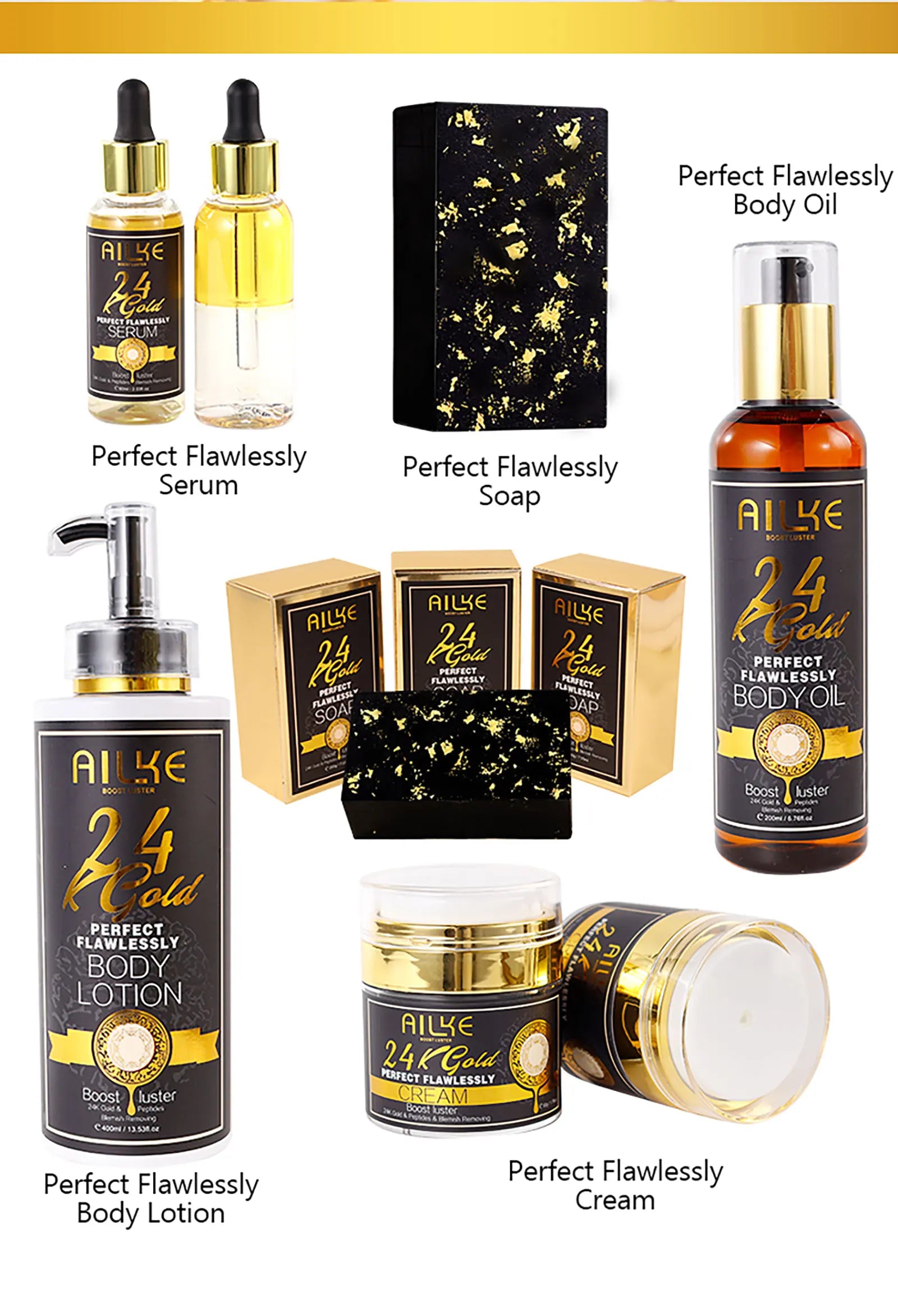 AILKE 24k Gold Flawlessly Whitening Skin Care Set For All Skin Type, Moisturizer, Reduce Black Spots, Smoothing, Brightening