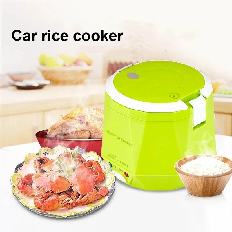 Portable car rice cooker, lime green cooker with white lid next to cooked food plate