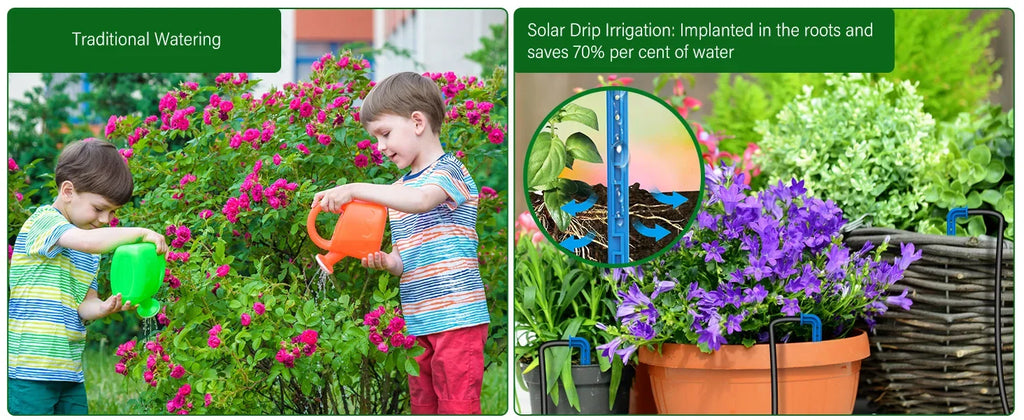 Solar drip irrigation system with drip tubing and heads for watering flowering plants