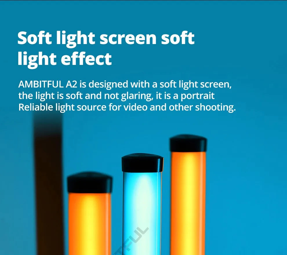 A2 LED light tube with a diffusion cover for soft portrait and video lighting. Three cylinders glowing in color.