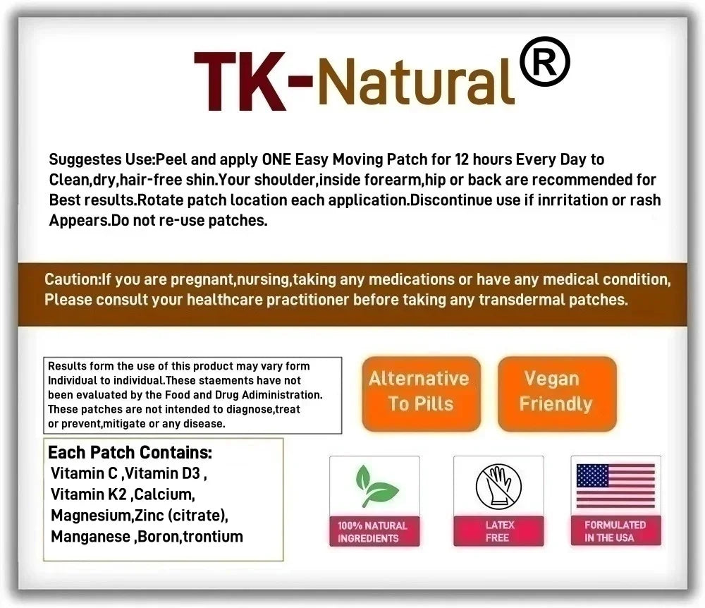 Tidesmit Bone Strength Transdermal Patches with Calcium, Vitamin D3, K2, Magnesium and Zinc for daily bone health.