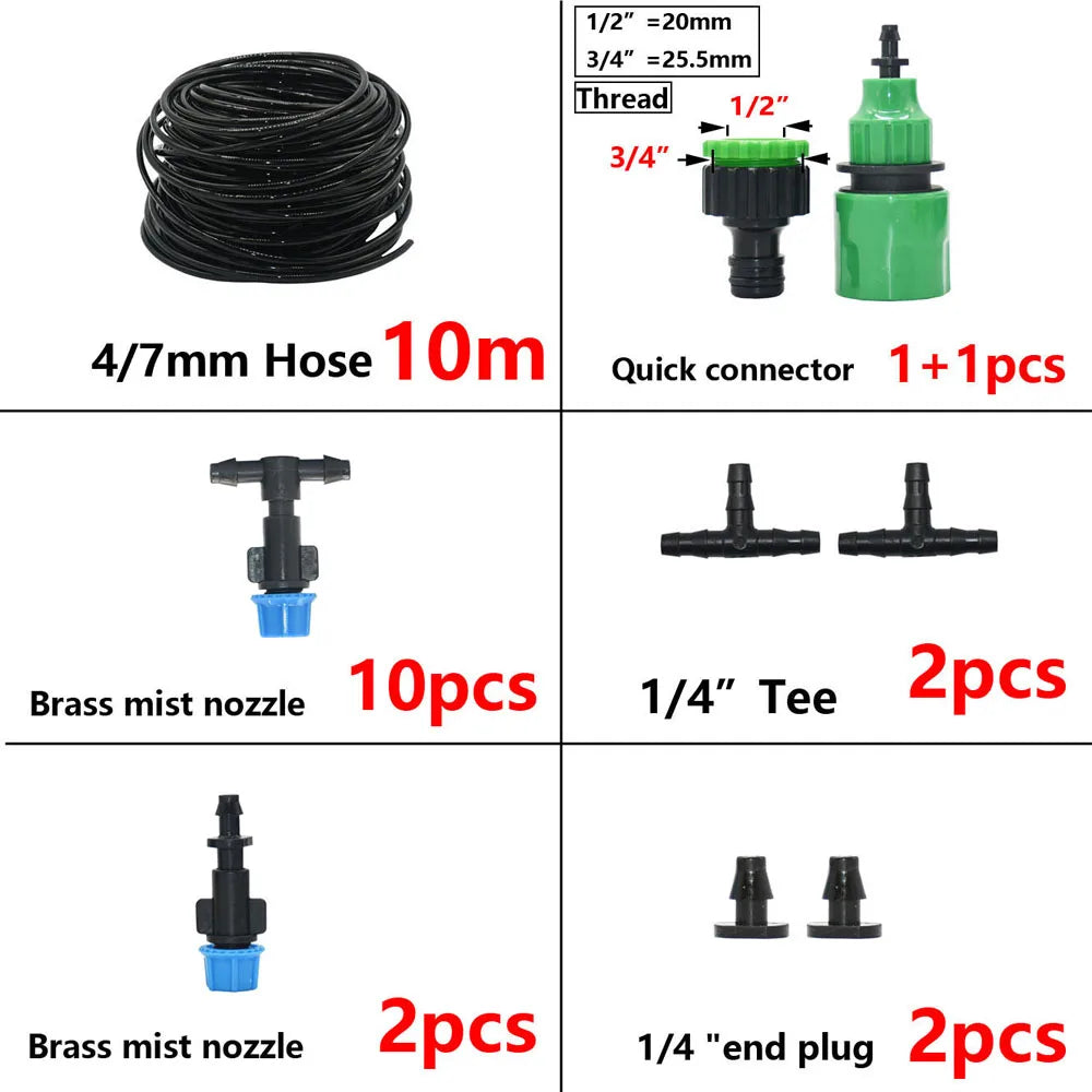 5M-30M Outdoor Misting Cooling System Garden Irrigation Watering 1/4'' Brass Atomizer Nozzles 4/7mm Hose for Patio Greenhouse
