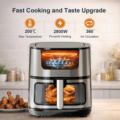 Stainless air fryer with open-top heating chamber showing glowing cooking interior