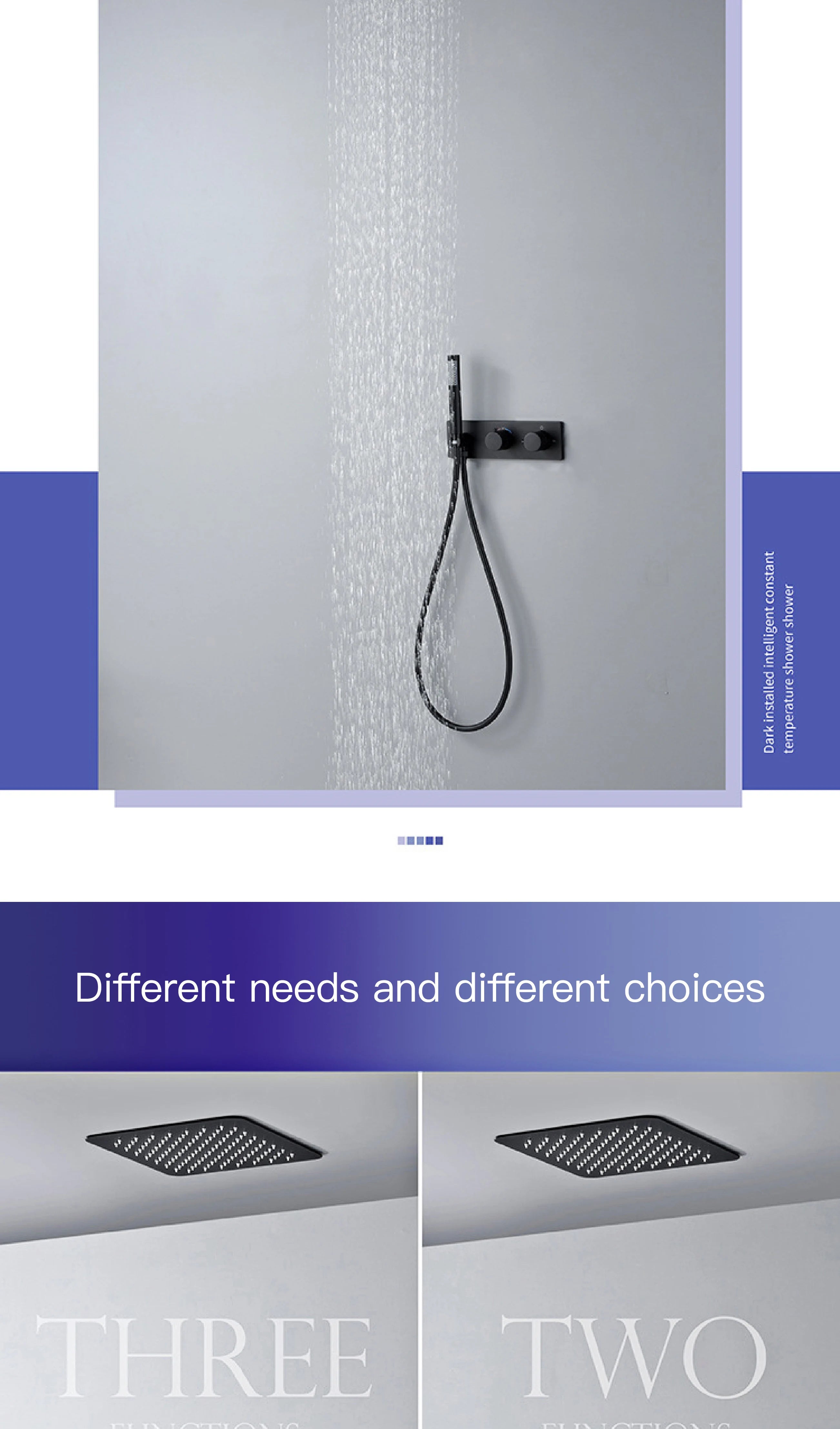 Modern Black Brass Bathroom Thermostatic Ceiling Type Shower System Wall-Mounted 3-Function Waterfall Tap for Cold & Hot Wate