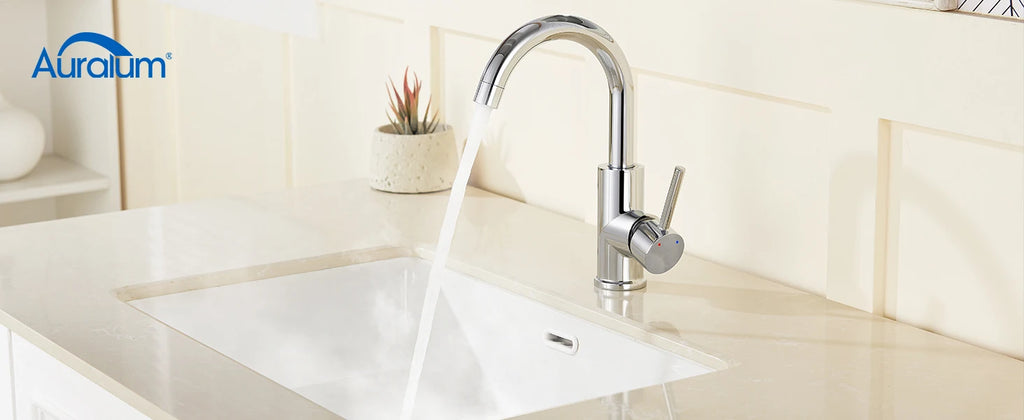Low-pressure mixer tap – single-handle bathroom mixer tap with a top spout (187 mm) – 360° swivel – for washbasins and small kitchens