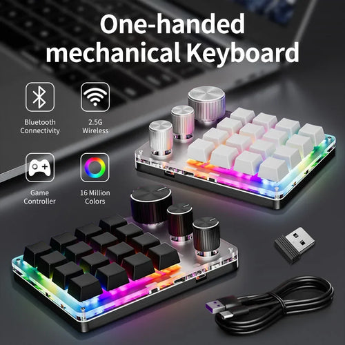 One-handed mechanical keypad with 16 keys, RGB lighting, and three programmable knobs. Supports Bluetooth and 2.4G.