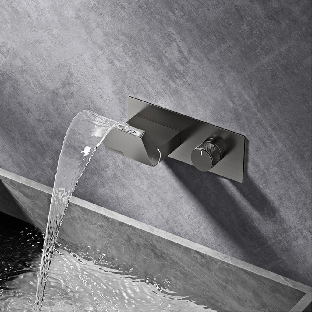 Luxury Gun Gray Brass Wall Mounted Bathroom Faucet with LED Digital Display Single Handle Hot & Cold Water Embedded Bathroom Tap