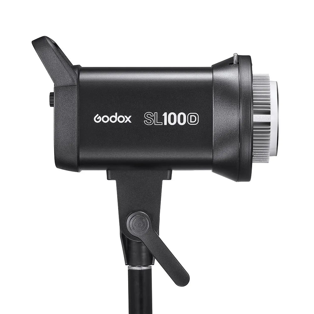 Black SL100D LED video light with a cylindrical housing, metal mount, and adjustable stand attachment for studio use.