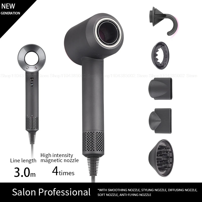 Dark gray professional leafless hair dryer with 5 magnetic styling attachments and ionic quick-dry technology.