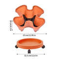 Orange plastic multi-layer vertical planter tower with round pots and movable caster wheels