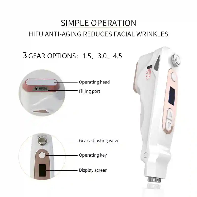 White portable mini HIFU face lifting machine with 3 gear settings, display screen, and rose gold details for skincare.