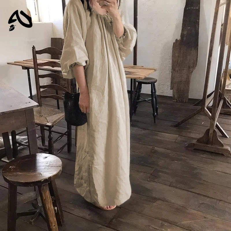 Original New Spring Vintage Cotton Linen Dress for Women Solid Long Sleeve Drawstring Linen One-Piece Dress Maxi Dress