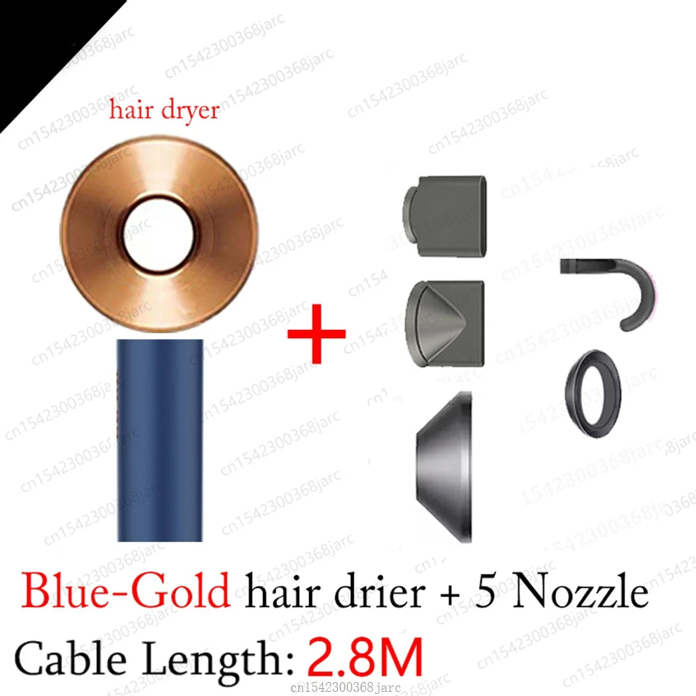 SenCiciMen blue and gold leafless ionic hair dryer with 5 styling attachments and long power cord for salon home use.