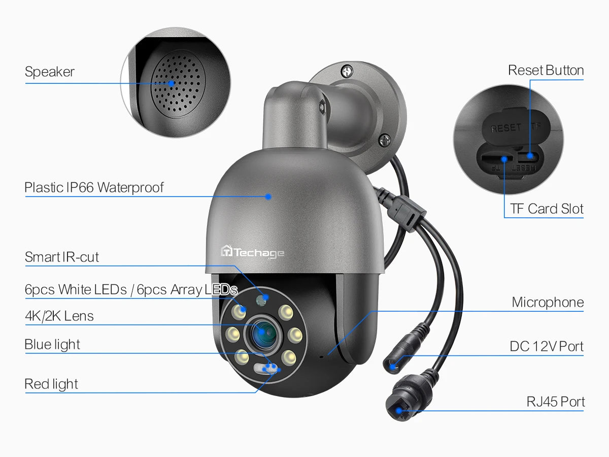 Techage 8MP 5MP 4MP PTZ Security POE IP Camera Dome Video Camera 4K Outdoor Ai Human Detected Two Way Audio Camera XMEye TF Card