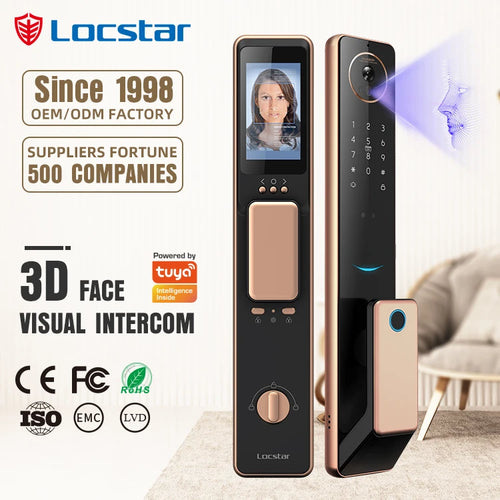Gold and black smart video door lock with face-recognition screen, keypad, and RFID module