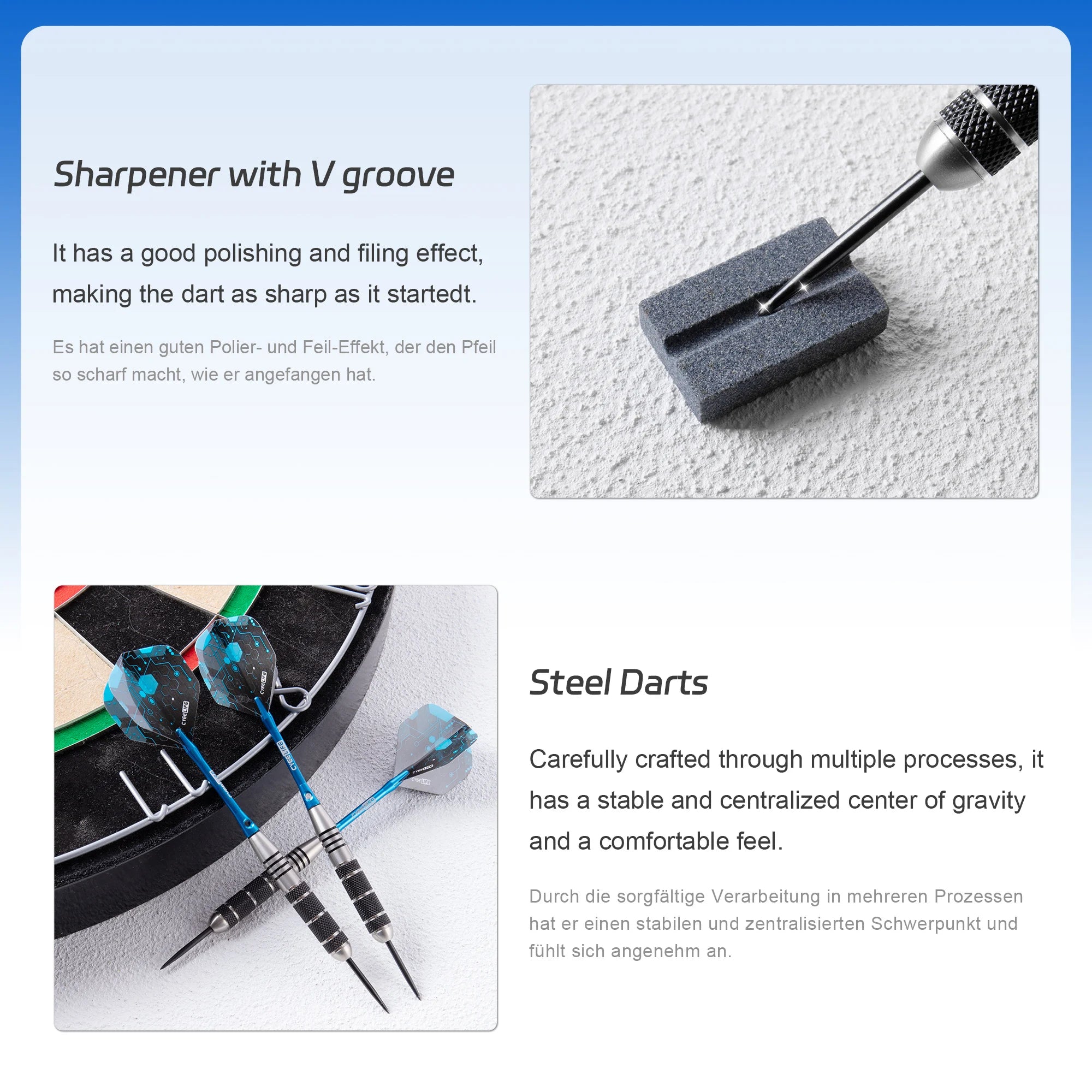 CyeeLife 26g steel tip dart set with aluminum shafts, PET flights, and V-groove sharpener for professional precision.