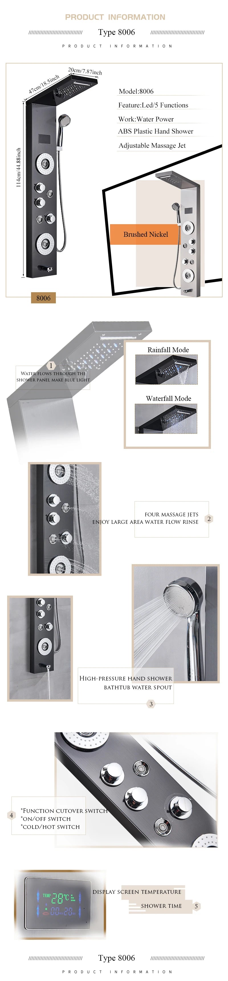 LED Shower Panel Waterfall Rain Digital Display Shower Faucet Set SPA Massage Jet Bathroom Column Mixer Tap Tower System
