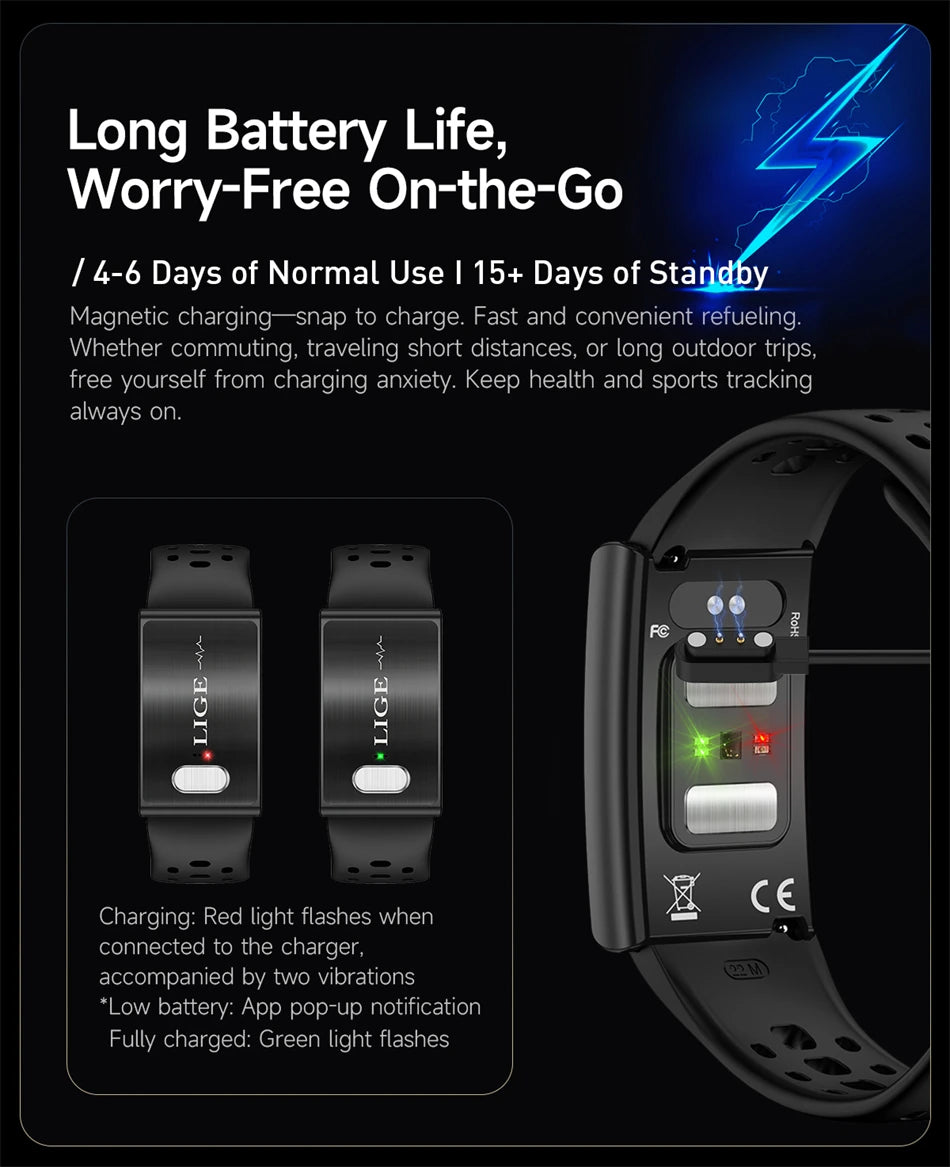 LIGE ECG HRV Health Smart Bracelet Heart Rate Blood Pressure Monitoring Body Fat BMI Body Temperature Fitness Tracker Smartwatch