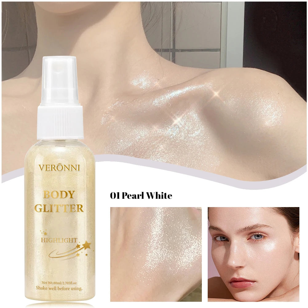 Tidesmit liquid body highlighting shimmer oil in glow glitter spray finish for radiant face and body makeup application
